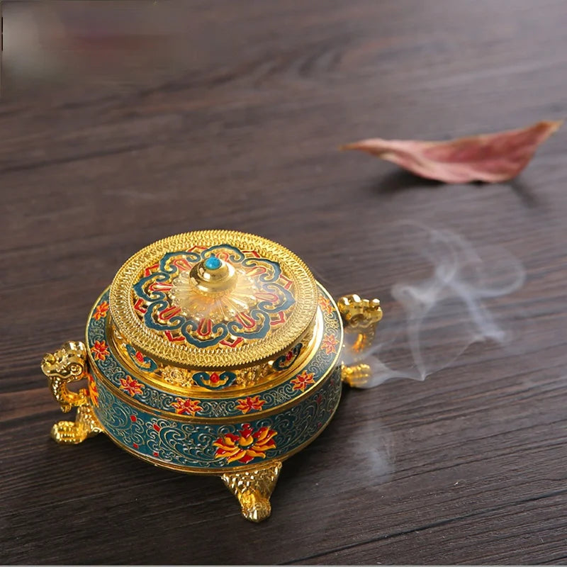 Enamel Lotus Incense Burner | 4-Foot Metal Painted Incense Base | Sandalwood Coil Censer.