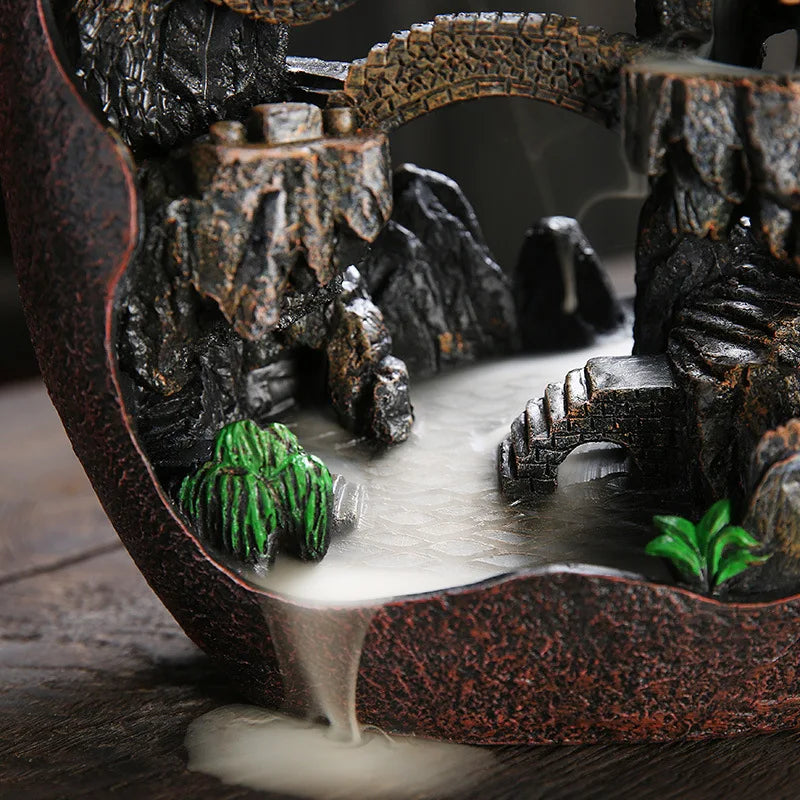 Smoke Waterfall Backflow Incense Burner | Portable Resin Censer Mountain River Incense Holder.