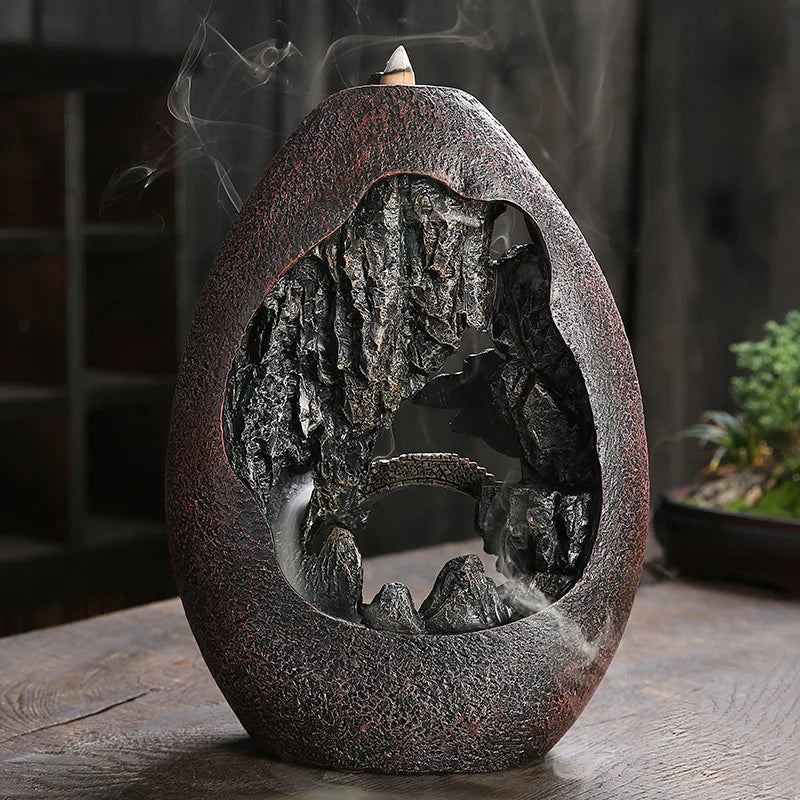 Smoke Waterfall Backflow Incense Burner | Portable Resin Censer Mountain River Incense Holder.